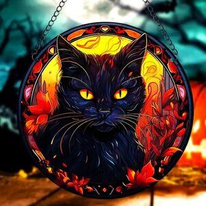 Black Cat Suncatcher Halloween Spider Web Scary Spooky Horror Hanging In/Outdoor